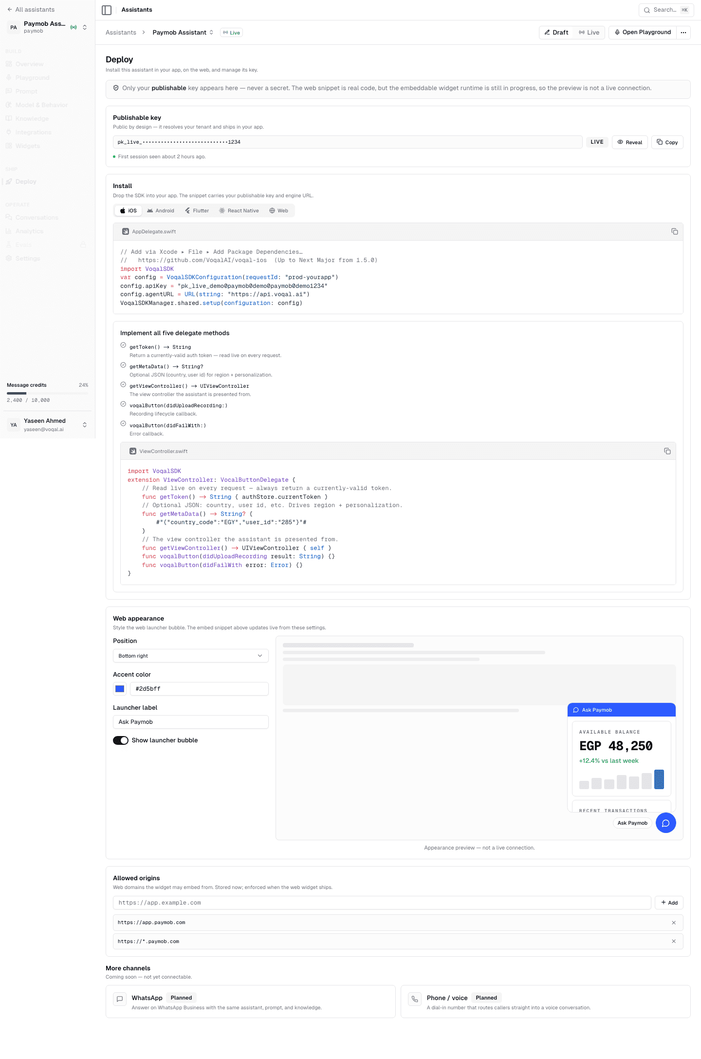 The Voqal dashboard deploy surface showing a masked publishable key, a Swift Package Manager snippet and the five delegate methods an iOS integration implements.