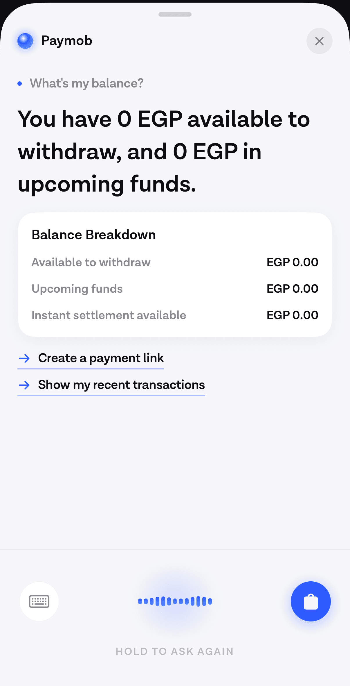 The Voqal SDK answering a balance question for a Paymob merchant