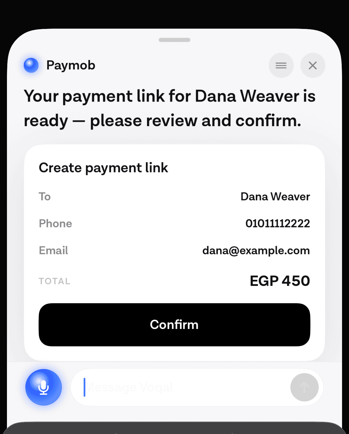 A confirm card for a payment link showing the amount and the action the agent is about to take