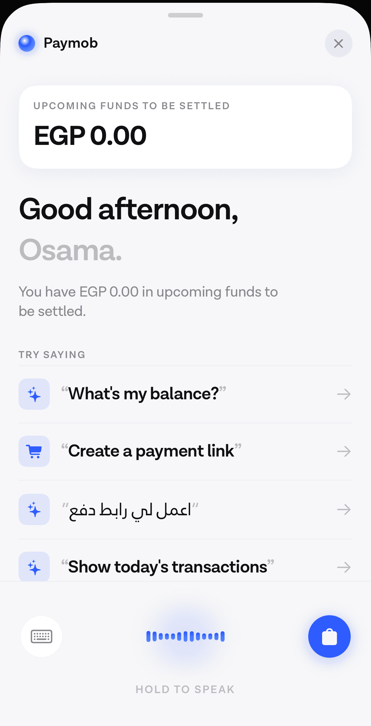 An assistant opening screen with a funds figure, a greeting and a list of example requests mixing English and Arabic