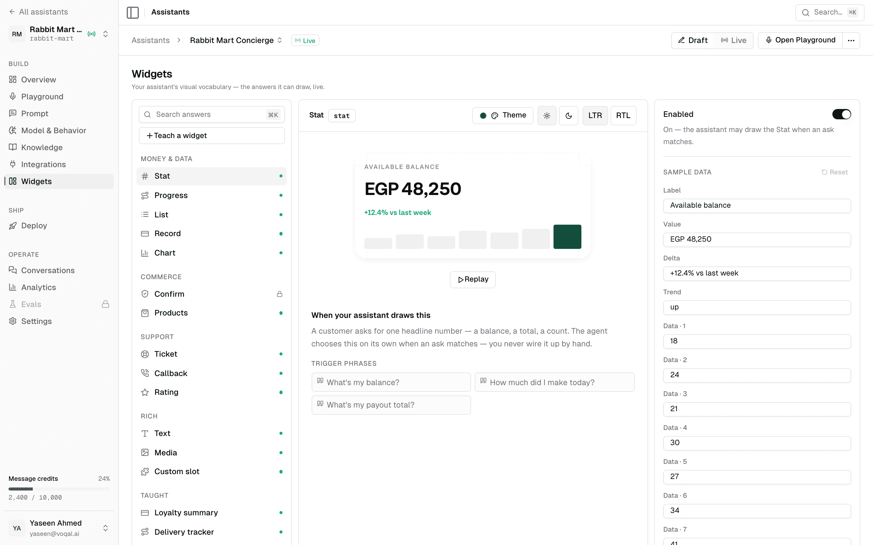 A widget configuration surface listing the catalogue grouped by purpose, with a live preview of one widget, its trigger phrases and an editable sample-data panel.