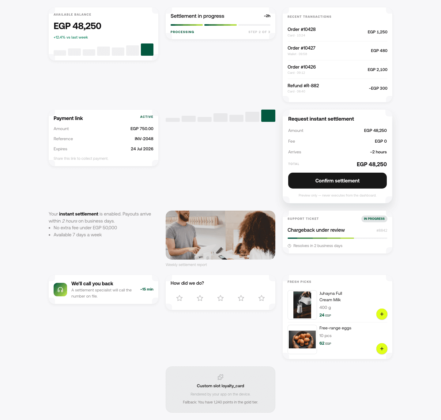 A contact sheet of every render-spec widget drawn at once by the React widget rendering harness on sample data, including stat, list, chart, confirm, products and rating cards.