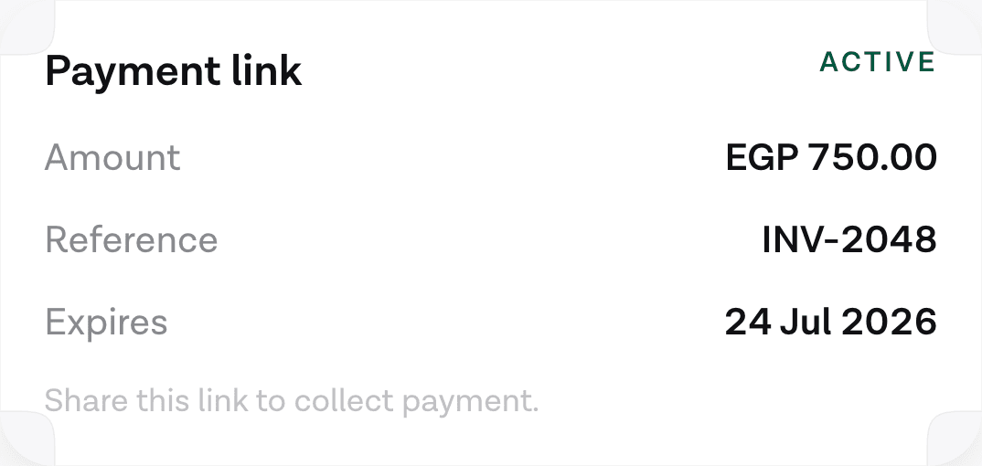A payment link card showing an active status, an amount of EGP 750.00, a reference number and an expiry date on three labelled rows.