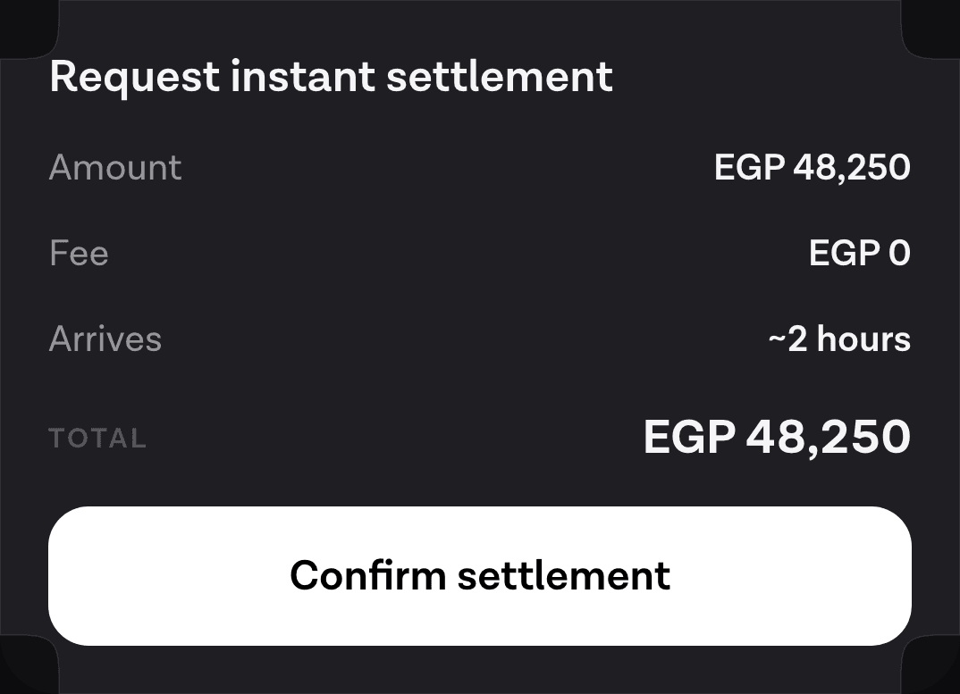 A dark-theme confirm card for an instant settlement, listing the amount, the fee, an arrival estimate and the total above a confirm button.