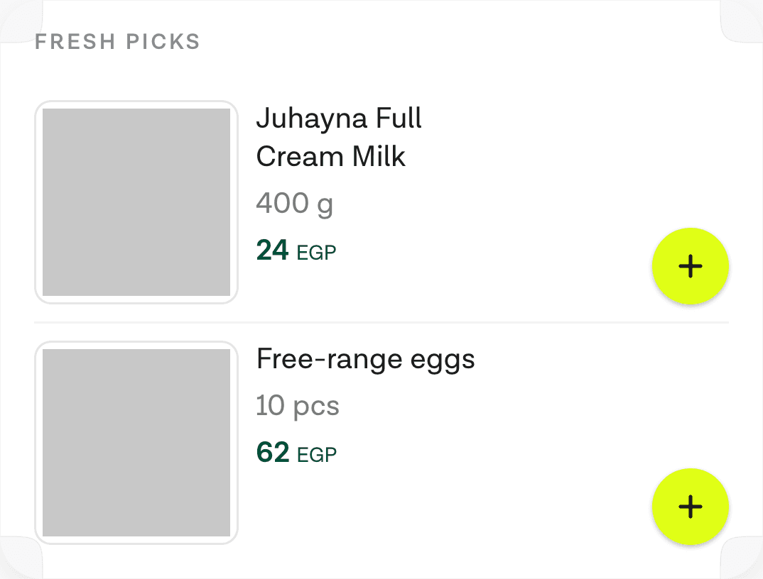 A products widget headed fresh picks, listing two grocery items with sizes, prices in Egyptian pounds and a round add button on each row.